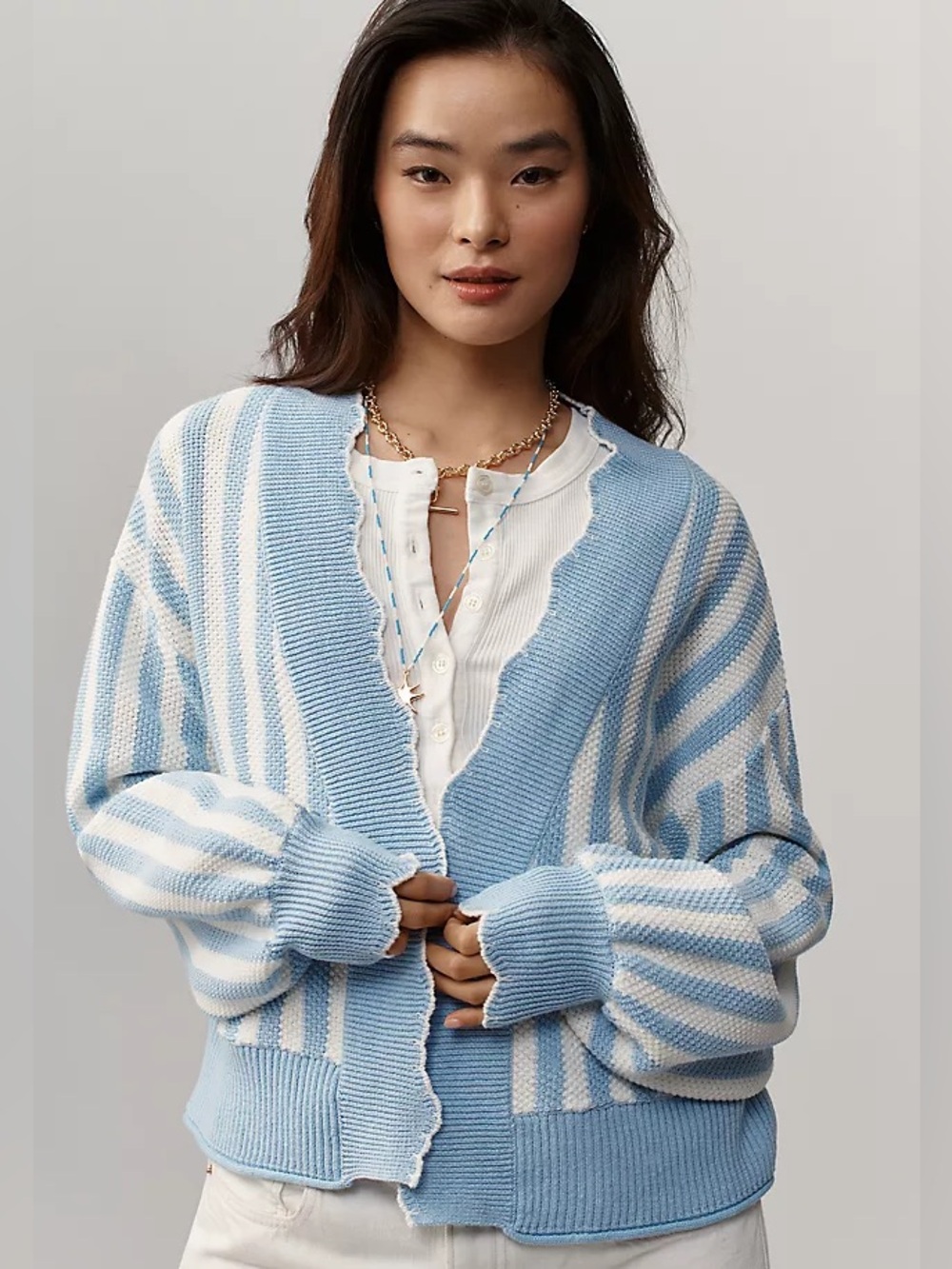 New By Anthropologie Waffle Knit Scalloped Cabana Stripe Cardigan nautical blue
